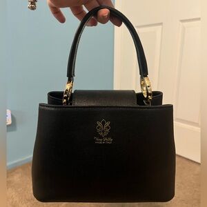 Italian Women’s Handbag Black Leather Top Handle Crossbody Strap Gold Hardware